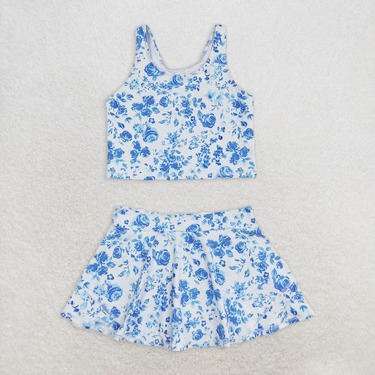 GSD0995 Baby Girls Summer Blue Flowers Top Skirts Active Wear Clothes Sets  D 4.22