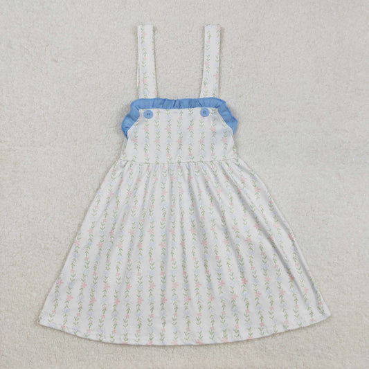 GSD1099 Flowers and leaves blue lace white sleeveless dress