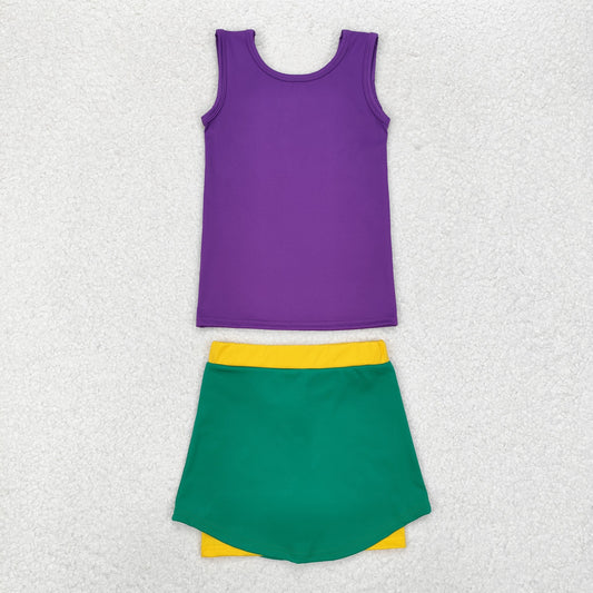 GSD1432  Solid purple sleeveless vest yellow green sports skirt suit