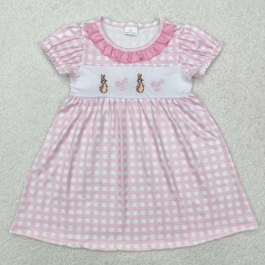 GSD1583  Pink Plaid Short Sleeve Dress with Easter Bunny Bow