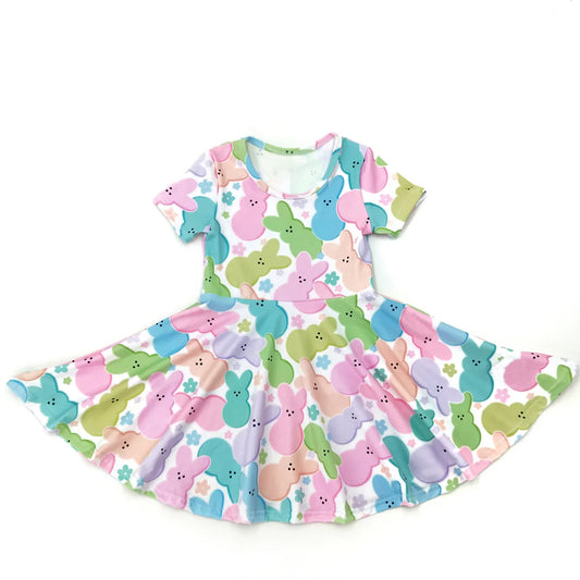 presale GSD1695 Easter Colorful Bunny Flower White Short Sleeve Dress   2024 12.11