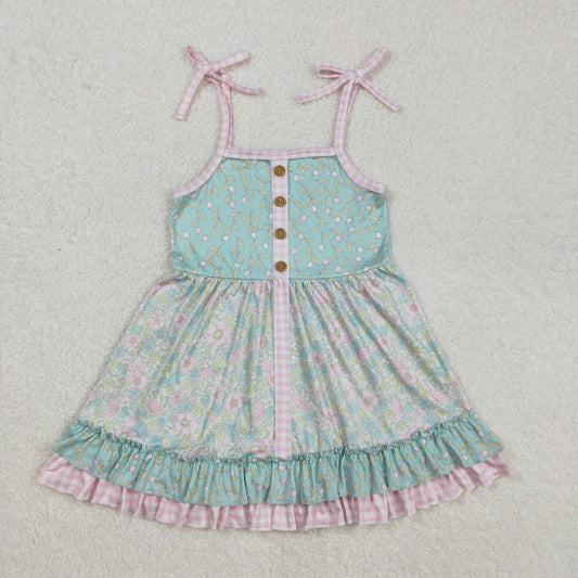 GSD1748 Baby Girls Green Flowers Straps Ruffle Knee Length Dresses