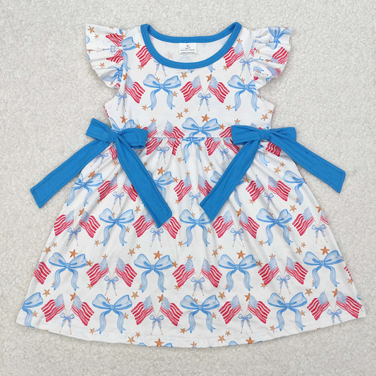 GSD1825 Baby Girls 4th Of July Bows Flags Flutter Sleeve Knee Length Dresses D 3.15