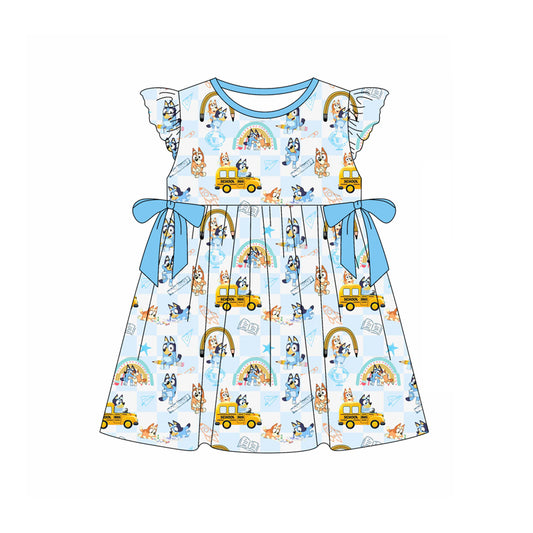 presale GSD1847  Pencil School Bus Rainbow Plaid Blue Bow Fly Sleeve Dress 2025 1.3