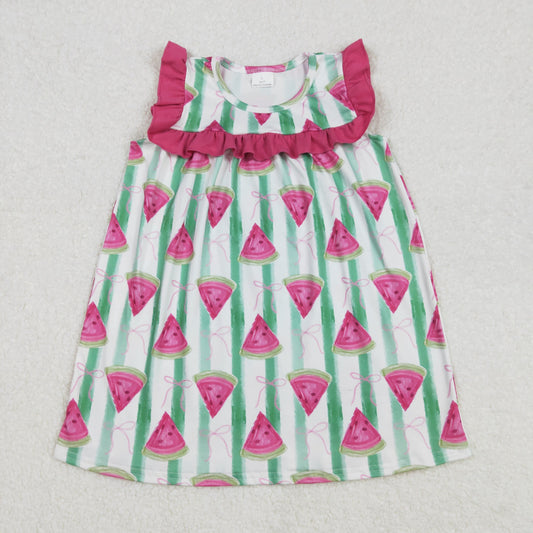 GSD1911  Pink Bow Pattern Watermelon Green Striped Sleeveless Dress