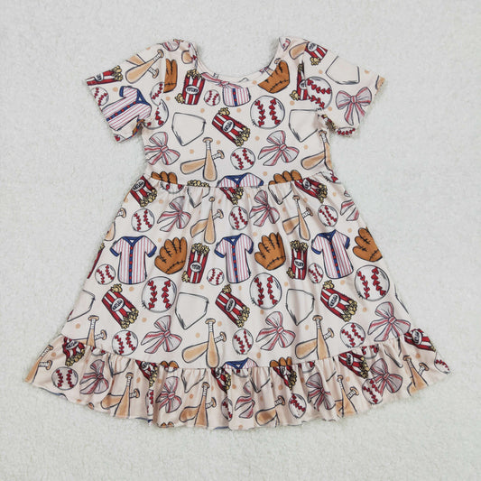GSD1960 Baby Girls Baseball Bows Short Sleeve Knee Length Dresses