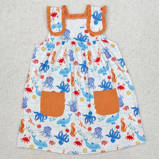 GSD1961 Baby Girls Sea Animals Pockets Knee Length Dresses   D 4.19