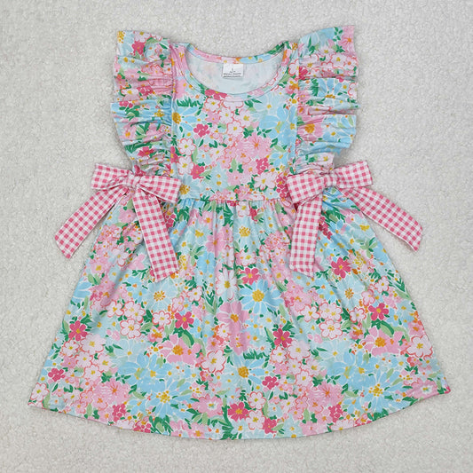 GSD1962 Baby Girls Blue Pink Flowers Bows Knee Length Dresses   D 3.10