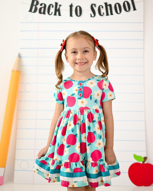 presale GSD1994  Baby Girls Flowers Apples Back To School Knee Length Dresses D 2.8