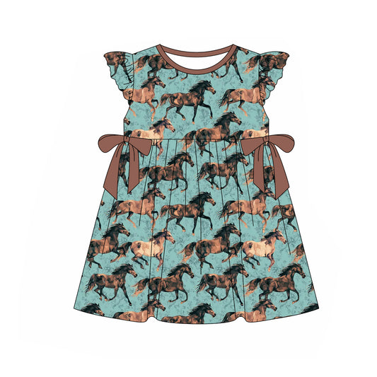 presale GSD2004  Baby Girls Western Horses Bows Knee Length Dresses  D 2.11