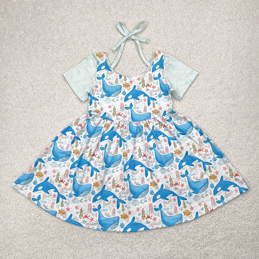 GSD2011  Baby Girls Blue Whale Short Sleeve Knee Length Dresses  D 4.2