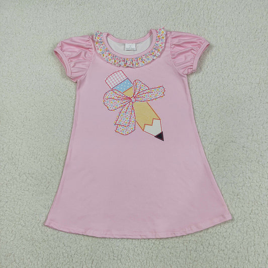 GSD2017  Back to School Bow Pencil Lace Pink Lantern Sleeve Short Sleeve Dress D 5.24