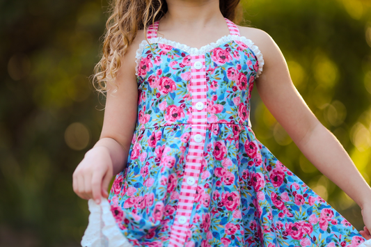 presale GSD2018 Baby Girls Blue Pink Flowers Straps Knee Length Dresses  D 2.13