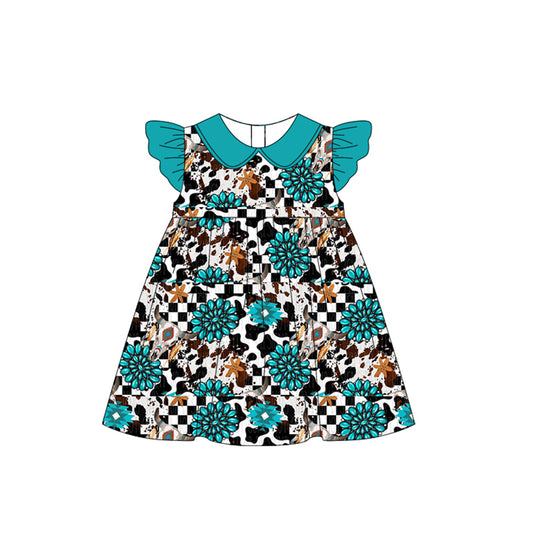 presale GSD2022  Baby Girls Turquoise Cow Flutter Sleeve Knee Length Dresses  D 2.14