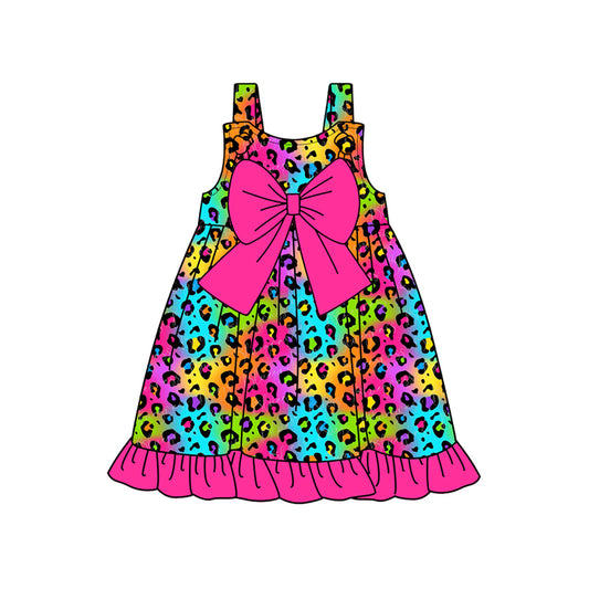 presale GSD2023  Baby Girls Pink Leopard Bow Ruffle Knee Length Dresses  D 2.14