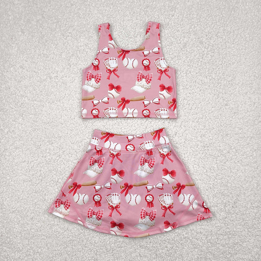 GSD2044  Baby Girls Baseball Bows Athletic Active Wear Top Shorts Skirts Clothes Sets  D 4.16