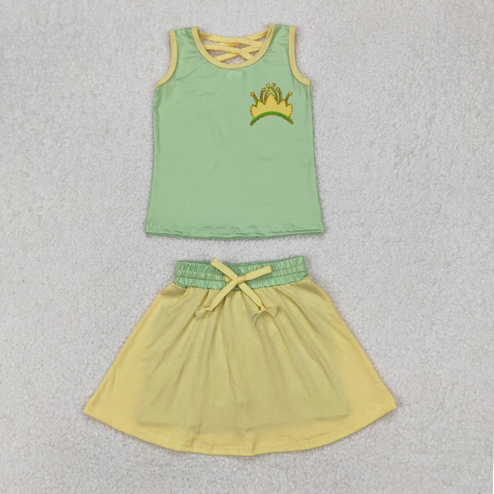 GSD2071  Baby Girls Green Crown Princess Shirt Skirt Clothes Sets  D 3.24