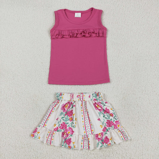 GSD2104  Solid Rose Red Sleeveless Flower Leaf Striped Skirt Set D 4.21