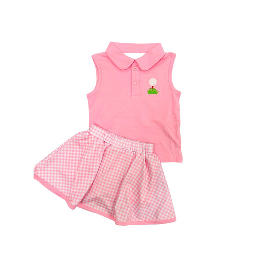 presale GSD2177  Baby Girls Pink Sleeveless Button Golf Shirt Stripe Plaid Skirt Sets  D 3.6