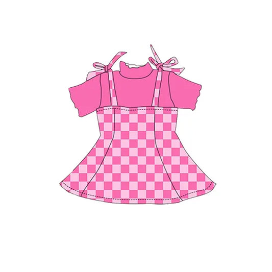 presale GSD2180 Baby Girls Short Sleeves Shirt Strap Plaid Skirt Dress Sets   D 3.6