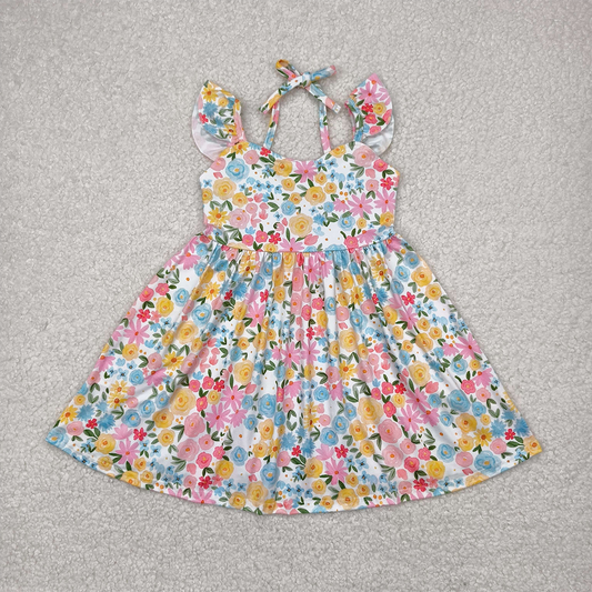 GSD2207  Baby Girls Flutter Sleeves Yellow Floral Backless Bow Knee Length Dresses  D 4.14