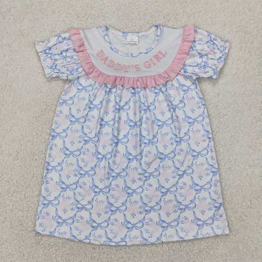 GSD2226  Baby Girls Short Ruffle Sleeves Blue Bows DADDY'S GIRL Knee Length Dresses D 4.1