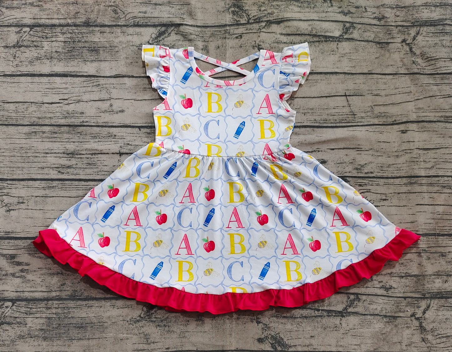 GSD2258 Apple ABC Print Girls Back to School Knee Length Dress D 4.8