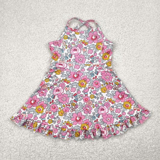 GSD2278  Baby Girls Pink Strap Floral Yoga Ruffle Knee Length Dresses  D 4.3