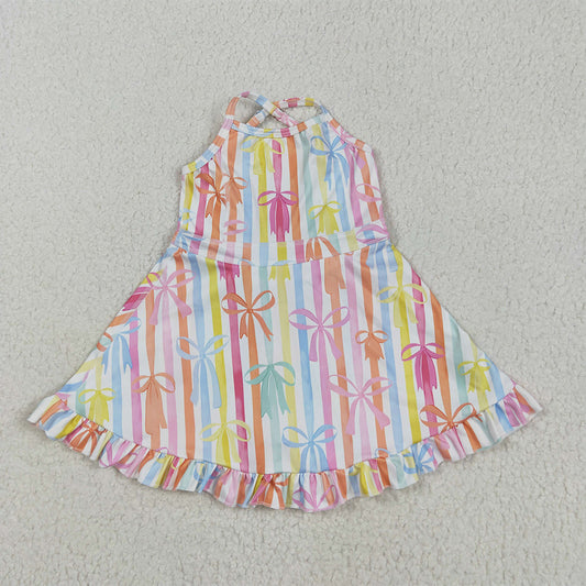 GSD2288  Baby Girls Strap Colorful Bows Stripe Yoga Ruffle Knee Length Dresses  D 4.16
