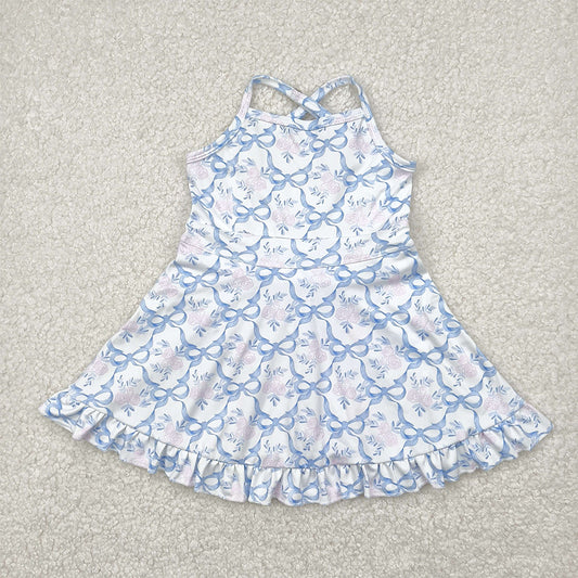 GSD2290 Baby Girls Strap Blue Bows Floral Yoga Ruffle Knee Length Dresses  D 4.3