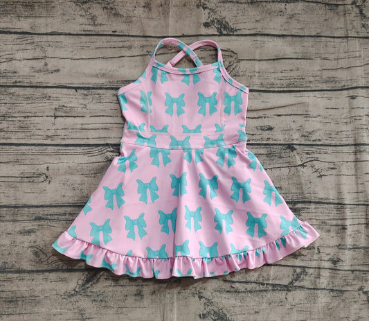presale GSD2293 Baby Girls Pink Strap Green Bows Yoga Ruffle Knee Length Dresses  D 4.21