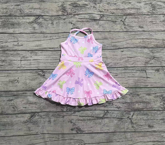 presale GSD2294 Baby Girls Pink Strap Colorful Bows Polka Dots Yoga Ruffle Knee Length Dresses  D 3.28