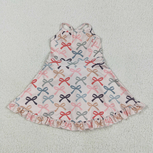 GSD2296 Baby Girls Peach Strap Colorful Bows Yoga Ruffle Knee Length Dresses  D 4.21