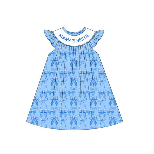 presale GSD2383  Baby Girls Blue Sleeveless MAMA'S BESTIE Bows Knee Length Dresses  D 3.26