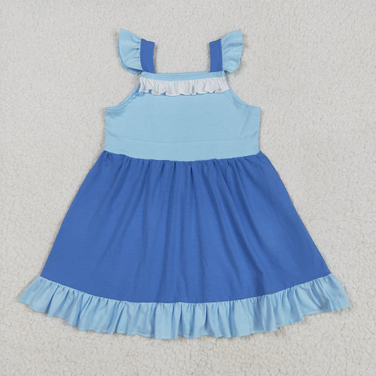 GSD2393 Baby Girls Blue Flutter Sleeves Patchwork Knee Length Dresses  D 4.21