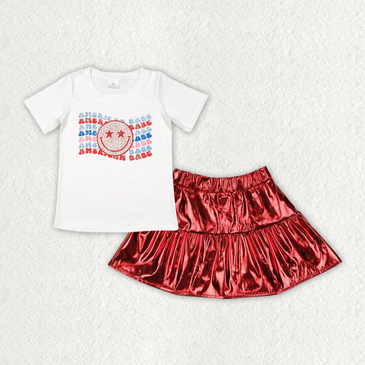 GSD2447  Baby Girls American Babe Smile Shirt Red Leather Metallic Skirts Clothes Sets  D 4.3
