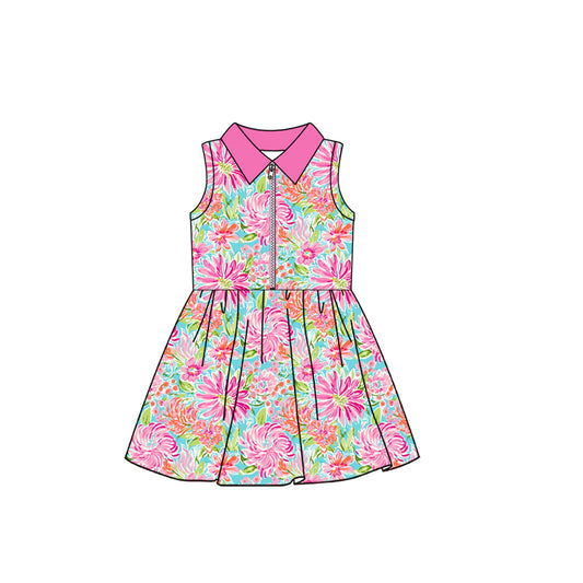 presale GSD2533 Baby Girls Sleeveless Hot Pink Watercolor Floral Zipper Knee Length Dresses  D 4.16