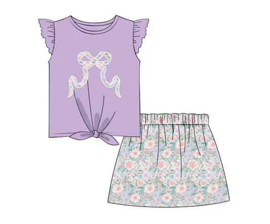 presale GSD2553  Baby Girls Flutter Sleeves Floral Bow Top Skirt Set D 5.7