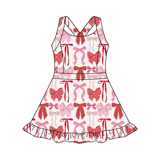 presale GSD2562  Baby Girls Strap Red Pink Bows Plaid Activity Wear Yoga Knee Length Dresses  D 5.8