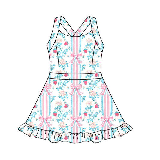 presale GSD2563 Baby Girls Strap Floral Bows Stripe Activity Wear Yoga Knee Length Dresses  D 5.8