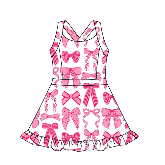 presale GSD2564 Baby Girls Strap Hot Pink Bows Plaid Activity Wear Yoga Knee Length Dresses  D 5.8