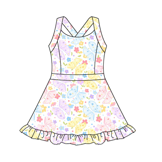 presale GSD2565  Baby Girls Strap Colorful Butterfly Flowers Activity Wear Yoga Knee Length Dresses  D 5.8