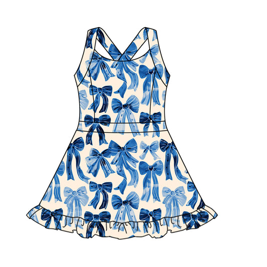 presale GSD2566 Baby Girls Strap Hot Blue Bows Activity Wear Yoga Knee Length Dresses  D 5.8
