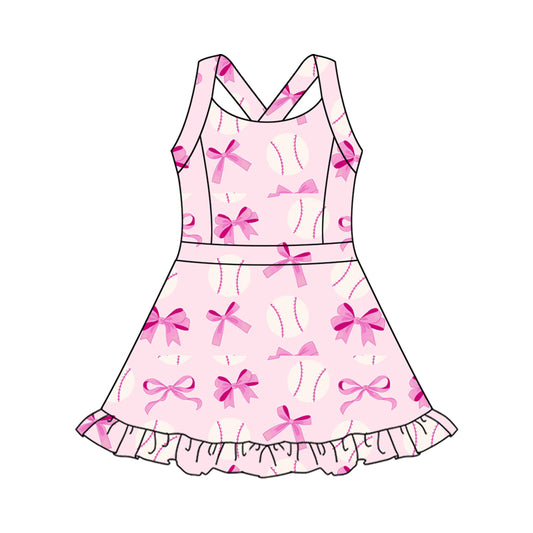 presale GSD2567  Baby Girls Strap Pink Bows Baseballs Activity Wear Yoga Knee Length Dresses  D 5.8