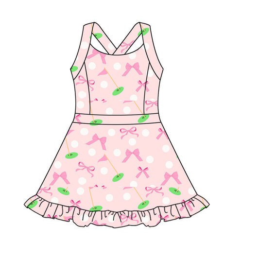 presale GSD2568  Baby Girls Strap Pink Bows Golf Flags Activity Wear Yoga Knee Length Dresses  D 5.8