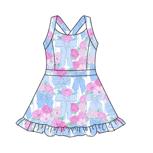 presale GSD2570 Baby Girls Strap Blue Bows Flowers Activity Wear Yoga Knee Length Dresses  D 5.8