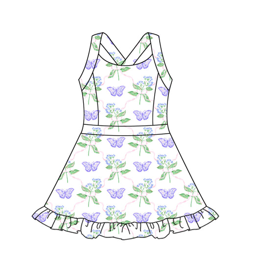 presale GSD2571  Baby Girls Strap Lavender Butterfly Flowers Activity Wear Yoga Knee Length Dresses D 5.8