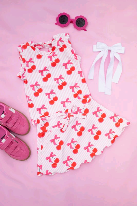 presale GSD2582  Sleeveless stripe bow cherry top skirt girls clothing D 5.16