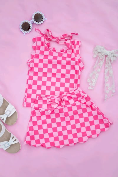 presale GSD2584 Sleeveless pink plaid bow top skirt kids girls clothing D 5.16