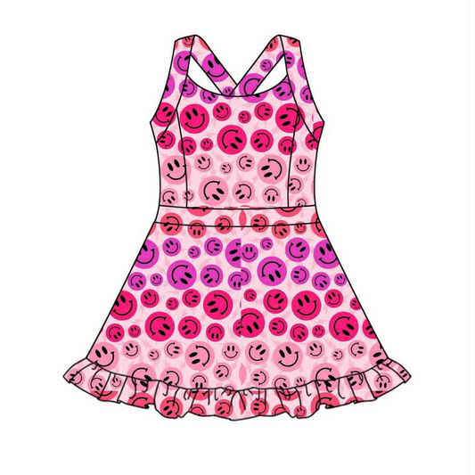 presale GSD2656 Baby Girls Hot Pink Strap Smiles Plaid Yoga Ruffle Knee Length Dresses  D 6.2